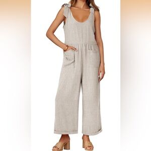 ZESICA Linen Blend Adjustable Straps Wide Leg Long Overall Rompers with Pockets